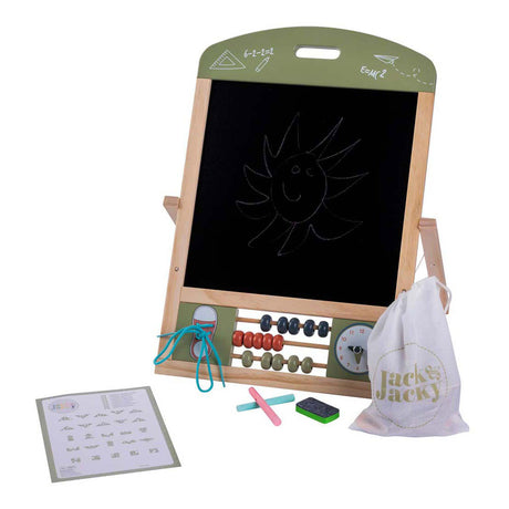 Jack Jacky Tischtafel Whiteboard – multifunktionales 2-in-1-Lernspielbrett – Kreide- und Magnettafel – Lerntafel mit Uhren-Abakus – motorische Fähigkeiten üben lernen – inklusive Zubehör – Engelsherz