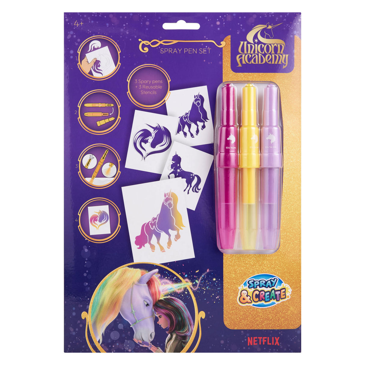 Canenco unicorn academy 3 blaaspennen met herbruikbare sjablonen