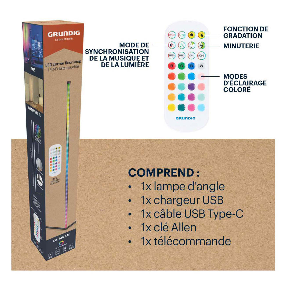 Grundig rgb led hoeklamp - hoeklamp led staand - rgb vloerlamp met muzieksensor en afstandsbediening - 140 cm - meerkleurig