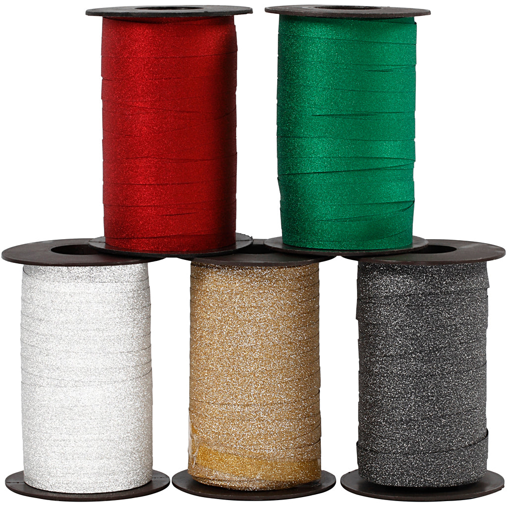 Creativ Company Geschenkband, B: 10 mm, Glitzer, verschiedene Farben, 5x100 m 1 Box