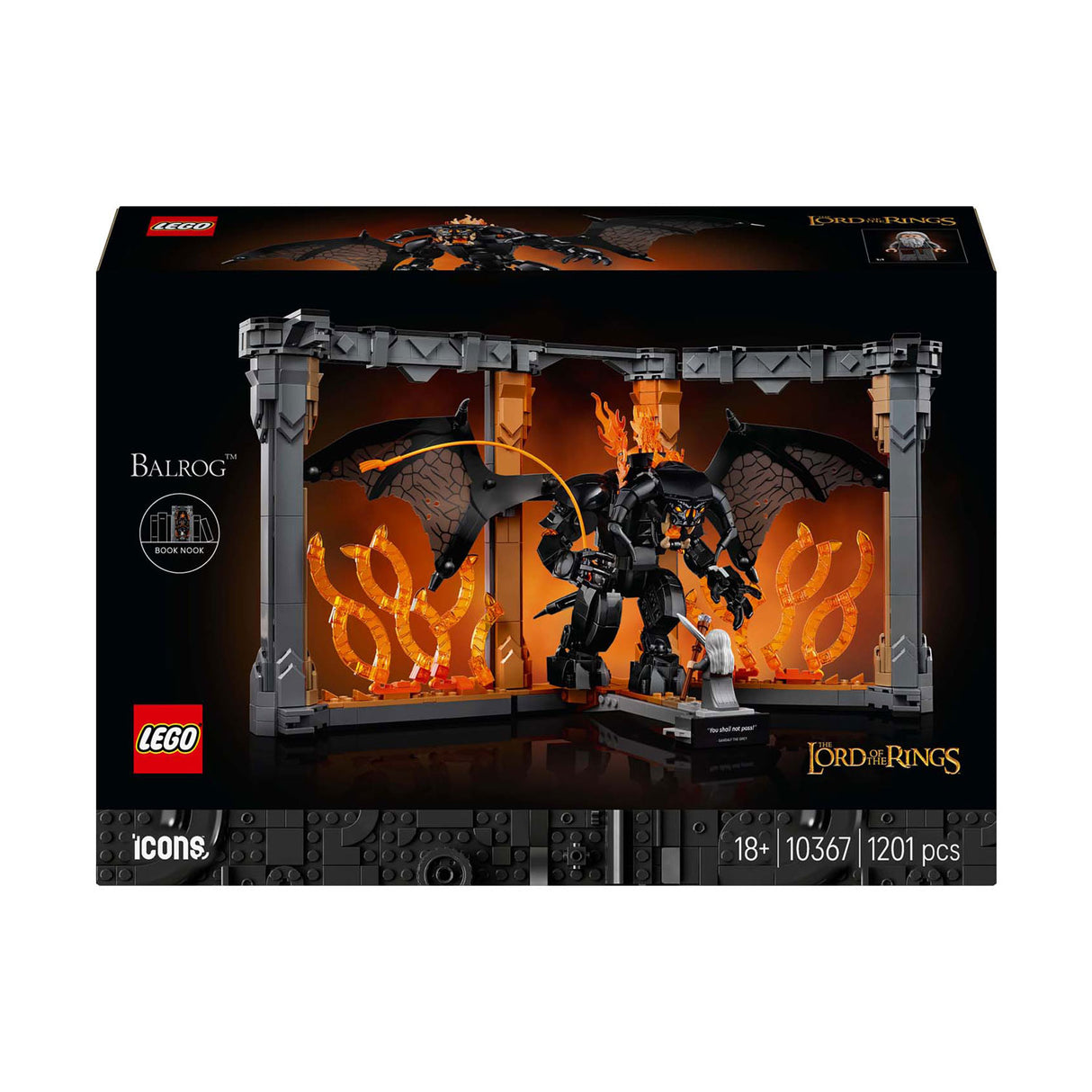 Lego Icons 10367 Buchstütze „Der Herr der Ringe Balrog“.