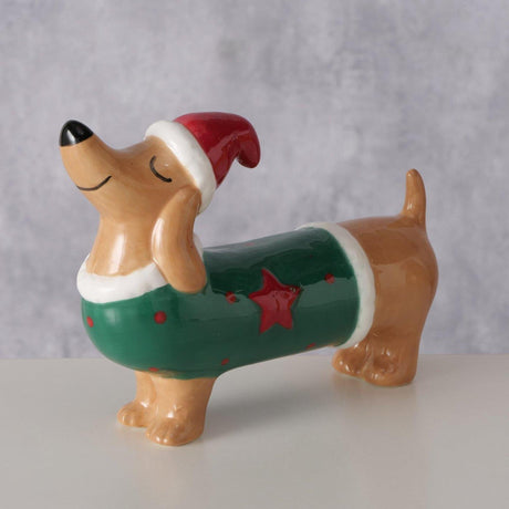 Boltze home figuur hond maltipu h10cm steengoed bruin groen rood