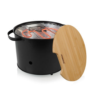 Princess 112240 Hybrid-Eimergrill | elektrisch | Holzkohle (schwarz, ø 32 cm | inkl. luxuriösem Bambus-Servier- und Schneidebrett)