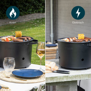 Princess 112240 Hybrid-Eimergrill | elektrisch | Holzkohle (schwarz, ø 32 cm | inkl. luxuriösem Bambus-Servier- und Schneidebrett)