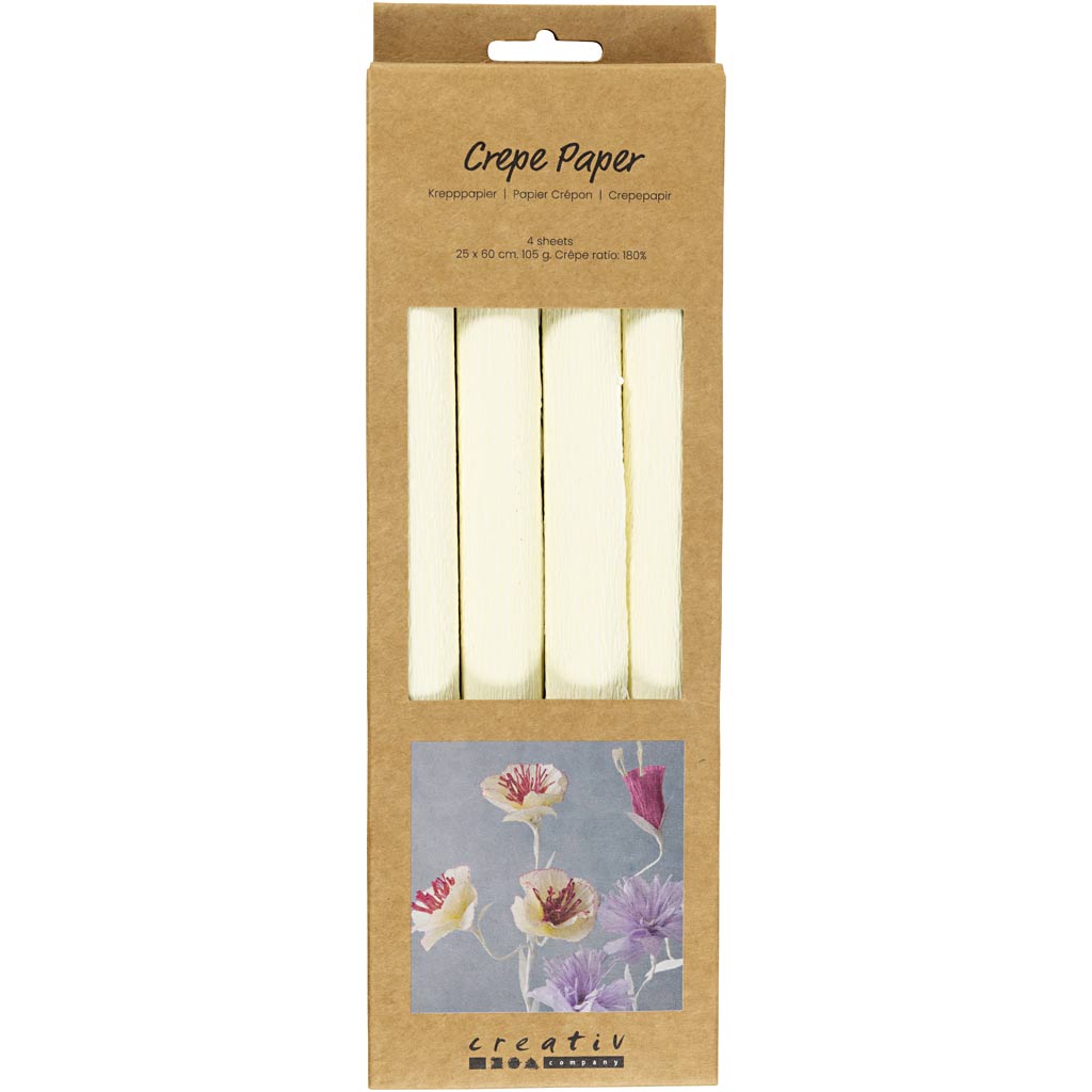 Creativ Company Krepppapier, Blatt 25 x 60 cm, Kreppverhältnis: 180 %, 105 g, gebrochenes Weiß, 4 Blatt 1 Karton