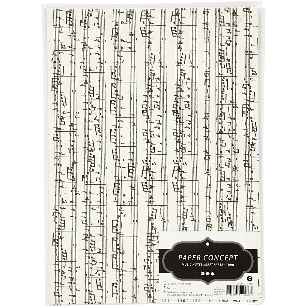 Creativ Company Kraftpapier mit Aufdruck, Musiknoten, A4, Blatt 210 x 297 mm, 100 g, 10 Blatt 1 Karton