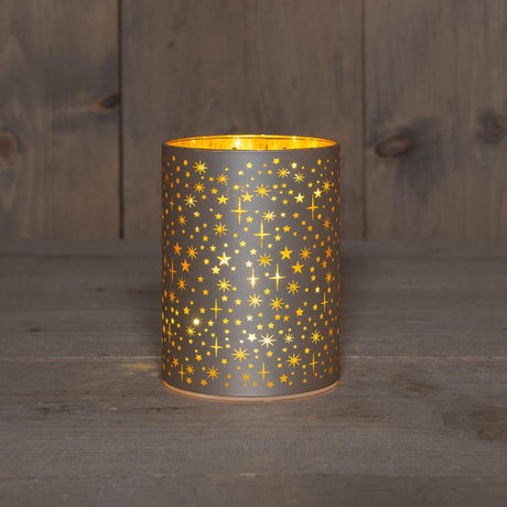Anna's collection tafellamp led cylinder met sterren glas champagne ø 9x12cm werkt op 3xaa batterijen met timer
