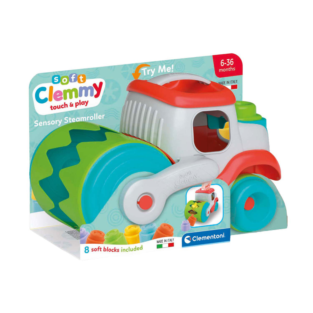 Clementoni baby soft clemmy stoomwals voertuig met blokken, 9dlg.