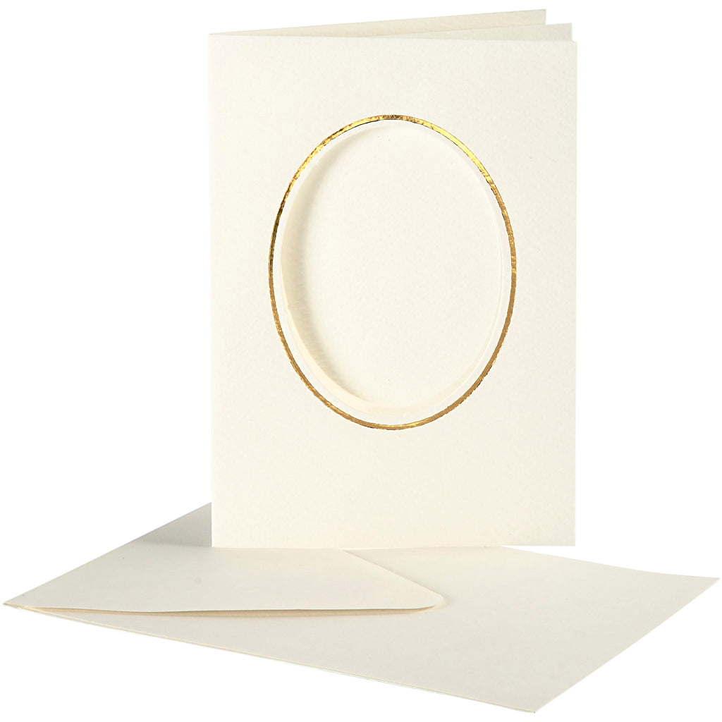 Creativ Company Passepartoutkarten, oval mit Goldrand, Kartengröße 10,5x15 cm, Umschlaggröße 11,5x16,5 cm, gebrochenes Weiß, 10er Set 1 Box