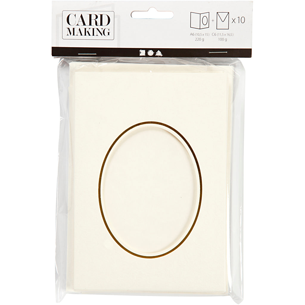 Creativ Company Passepartoutkarten, oval mit Goldrand, Kartengröße 10,5x15 cm, Umschlaggröße 11,5x16,5 cm, gebrochenes Weiß, 10er Set 1 Box