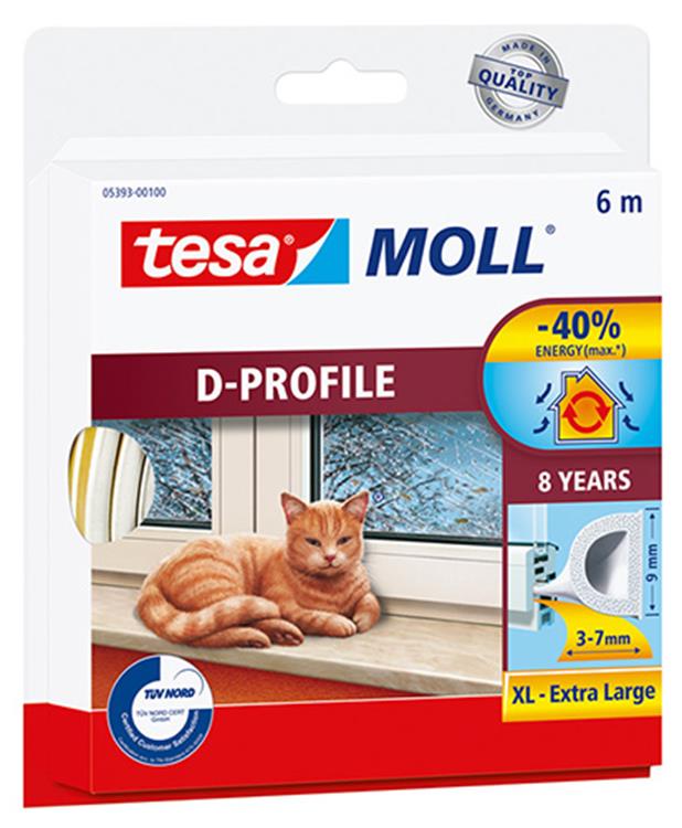 Tesa Moll Dichtungsstreifen 05393 D-Profil – 9 mm x 6 m, weiß