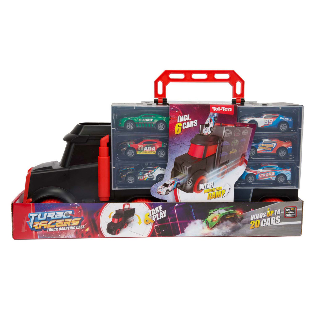 Toi-toys turbo racers vrachtwagen met 6 pull-back raceauto's