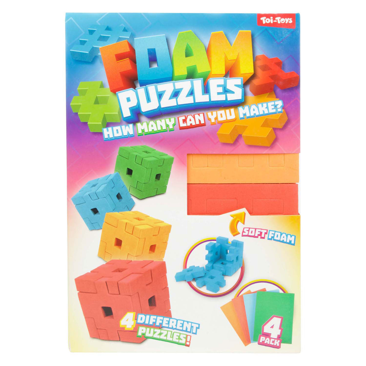 Toi-toys Puzzle Schaumstoffwürfel 3D 4 Teile sortiert | 6 Stück