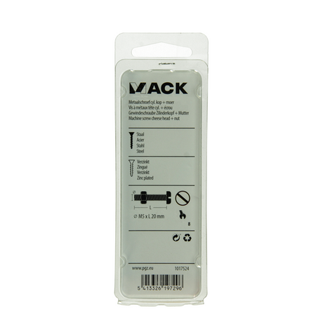 Mack 1017524 - metaalschroef cyl. kop + moer verz. 15 st m5 x 20 mm | 10 stuks