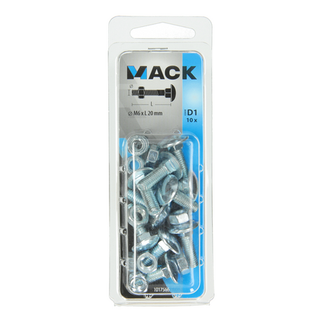 Mack 1017566 - houtbout + moer staal verzinkt10 st m6 x 20 mm | 5 stuks