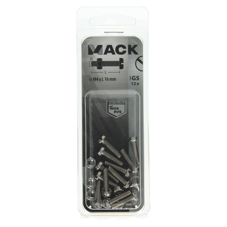 Mack 1019819 - metaalschroef cyl. kop + moer rvs 12 st m4x16 | 10 stuks