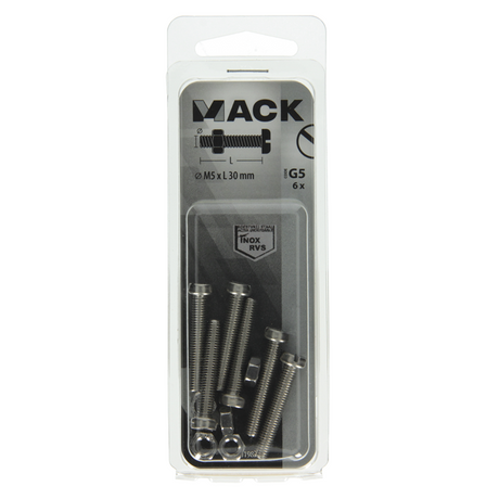 Mack 1019826 - metaalschroef cyl. kop + moer rvs 6 st m5x30 | 10 stuks