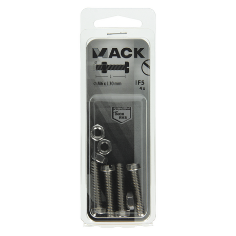 Mack 1019830 - metaalschroef cyl. kop + moer rvs 4 st m6x30 | 10 stuks