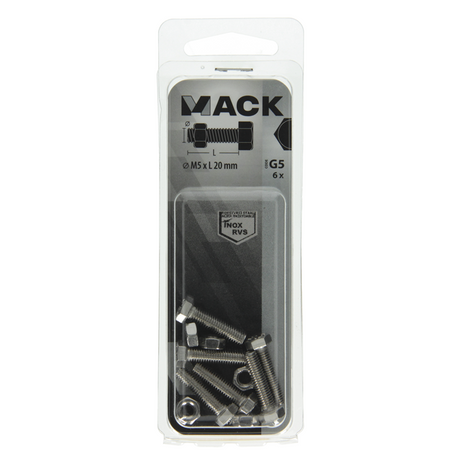 Mack 1019838 - tapbout + moer roestvrijstaal 6 st m5x20 | 10 stuks