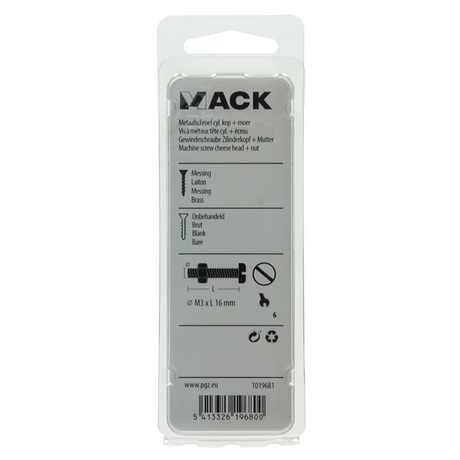 Mack 1019681 - metaalschroef cyl.kop + moer messing 8st m3 x 16 mm | 10 stuks