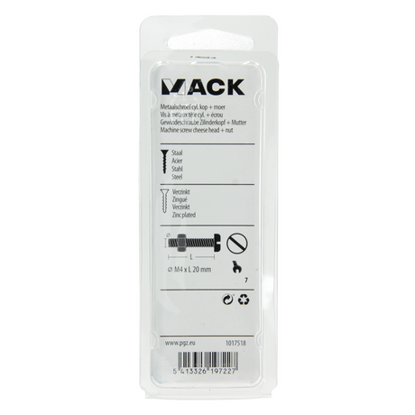 Mack 1017518 - metaalschroef cyl. kop + moer verz. 18 st m4 x 20 mm | 10 stuks