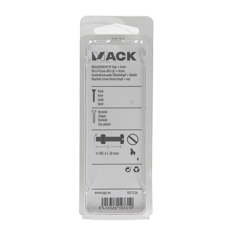 Mack 1017526 - metaalschroef cyl. kop + moer verz. 13 st m5 x 30 mm | 10 stuks