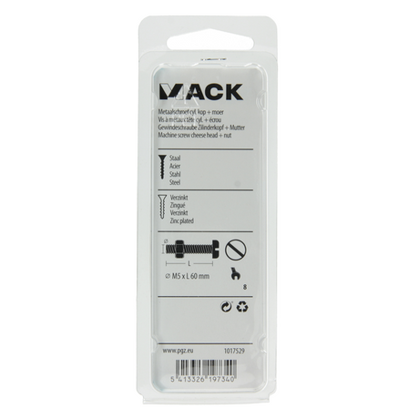 Mack 1017529 - metaalschroef cyl. kop + moer verz. 6 st m5 x 60 mm | 10 stuks