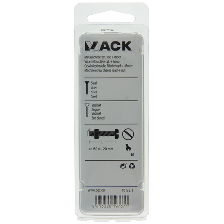 Mack 1017531 - metaalschroef cyl. kop + moer verz. 10 st m6 x 20 mm | 10 stuks
