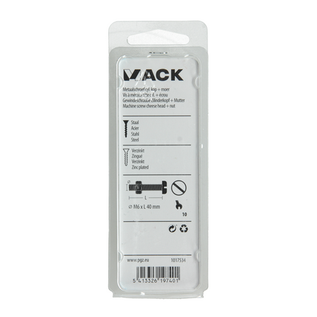 Mack 1017534 - metaalschroef cyl. kop + moer verz. 6 st m6 x 40 mm | 10 stuks