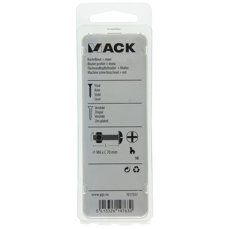 Mack 1017557 - kachelbout + moer staal verzinkt 4 st m6 x 70 mm | 10 stuks