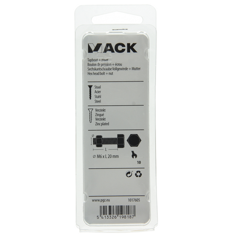 Mack 1017605 - tapbout + moer staal verzinkt 14 st m6 x 20 mm | 10 stuks