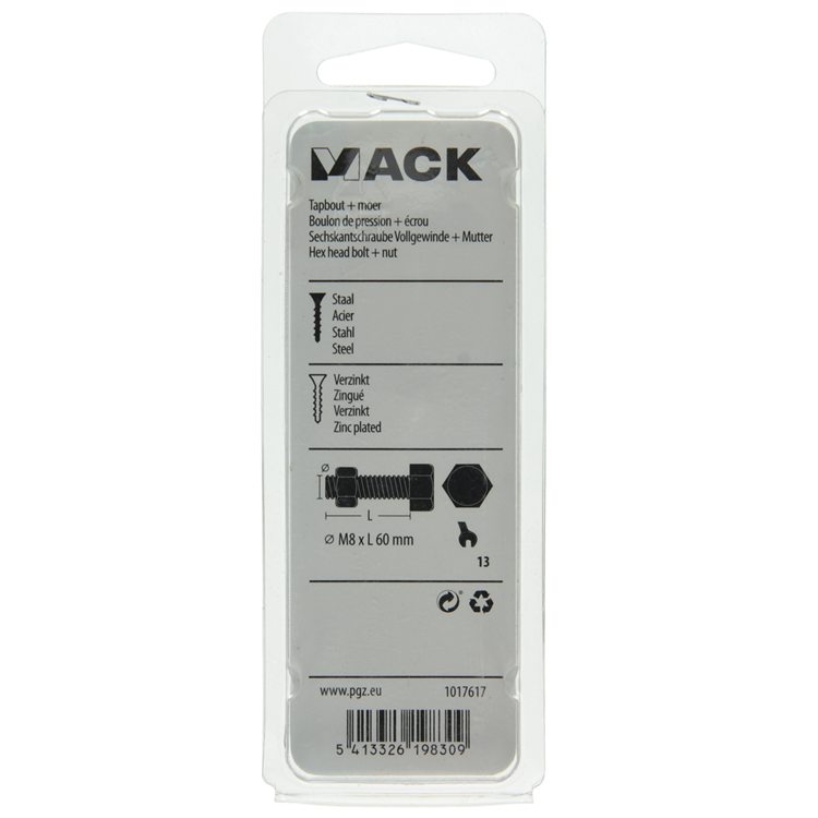 Mack 1017617 - tapbout + moer staal verzinkt 4 st m8 x 60 mm | 10 stuks