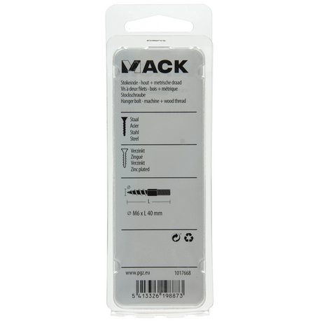 Mack 1017668 - stokeinde hout + metr. draad verz. 5 st m6x40 | 10 stuks