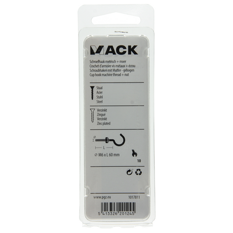 Mack 1017811 - schroefhaak metrisch + moer verzinkt 3st m6 x 60 mm | 10 stuks