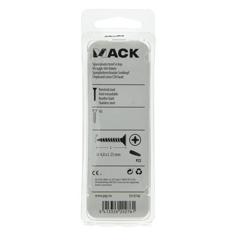 Mack 1019740 - spaanplaatschroef vz kop rvs 15 st 4,0 x 25 mm | 10 stuks