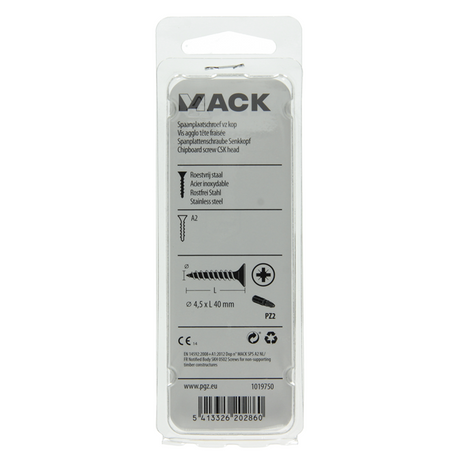 Mack 1019750 - spaanplaatschroef vz kop rvs 8 st 4,5 x 40 mm | 10 stuks