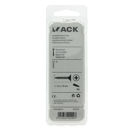 Mack 1019754 - spaanplaatschroef vz kop rvs 9 st 5,0 x 40 mm | 10 stuks