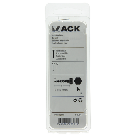 Mack 1019764 - houtdraadbout roestvrijstaal 4 st 6 x 40 mm | 10 stuks