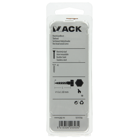 Mack 1019766 - houtdraadbout roestvrijstaal 3 st 6 x 60 mm | 10 stuks
