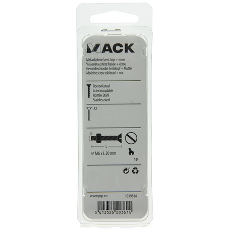 Mack 1019814 - metaalschroef verz. kop + moer rvs 5 st m6x20 | 10 stuks