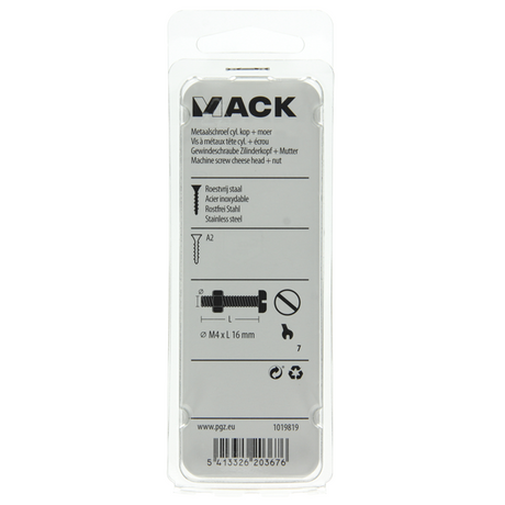 Mack 1019819 - metaalschroef cyl. kop + moer rvs 12 st m4x16 | 10 stuks