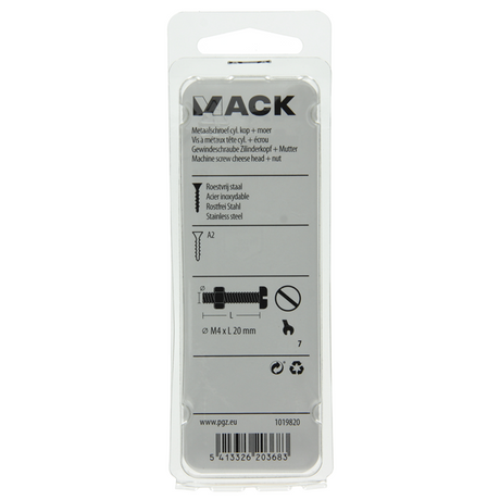Mack 1019820 - metaalschroef cyl. kop + moer rvs 10 st m4x20 | 10 stuks
