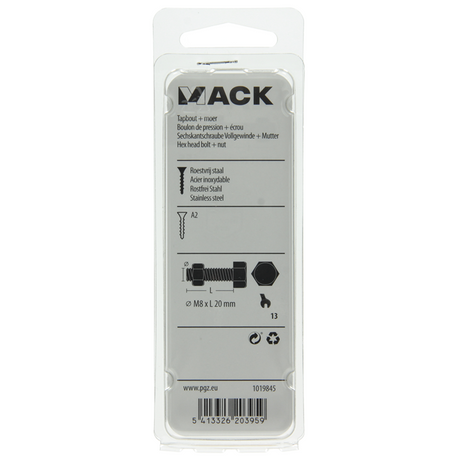 Mack 1019845 - tapbout + moer roestvrijstaal 2 st m8x20 | 10 stuks