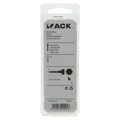 Mack 1020013 - houtdraadbout roestvrijstaal 7 st 8 x 60 mm | 5 stuks