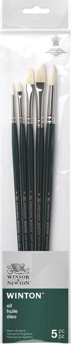 Winsor Newton 5990611 Winton Ölpinsel-Set – 5 lange Pinsel für die Ölmalerei (rund, flache Haselnussborsten – rund 2, rund 6, kurz flach hell 2, flach 6 und Haselnuss 4)