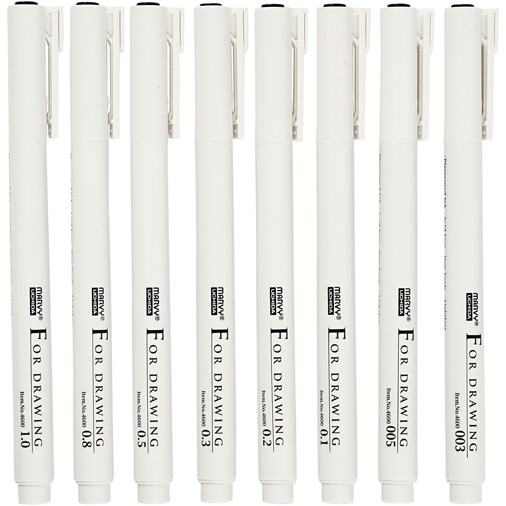 Fineliner, Strichstärke 0,03+0,05+0,1+0,2+0,3+0,5+0,8+1,0 mm, schwarz, 8 Stück 1 Box