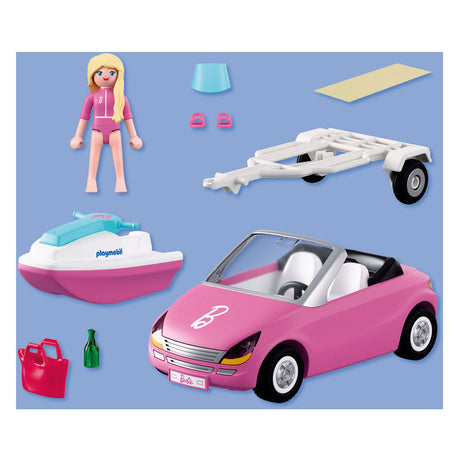 Playmobil barbie cabriolet speelgoedauto met jetski en accessoires.