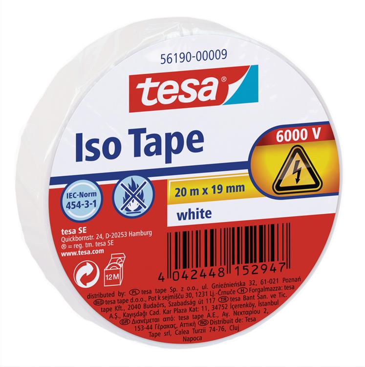 Tesa ® isolatietape - voor het isoleren en bundelen van elektrische kabels, soft pvc, 20m:19mm, wit