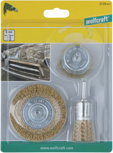 Wolfcraft - Messingdrahtbürsten-Set für Bohrmaschine - Stahlbürste - Topfbürste - 3 Teile - 2739000