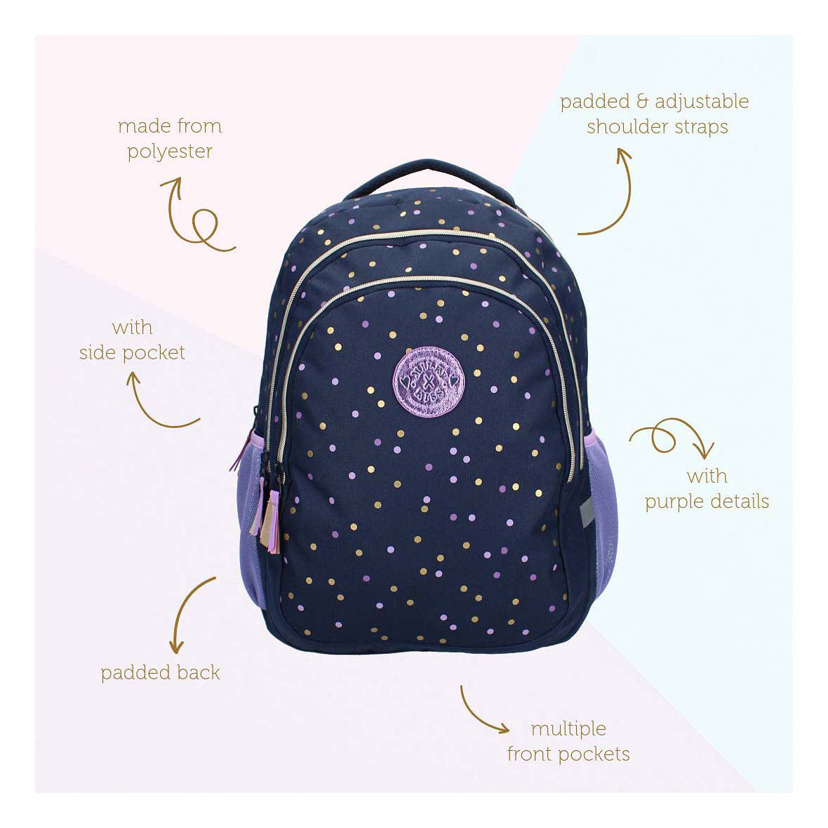 Milky Kiss Rucksack Dotted Delight Lila Gold Punkte, 3 Fächer